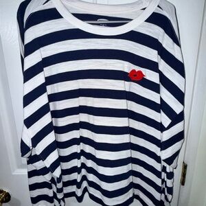 Old Navy Navy & White Long-Sleeve Striped Top with Red Lip Patch